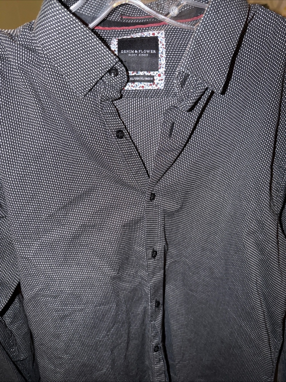 Denim & Flower Men’s Black Button-Down Shirt with White Micro-Dot Pattern